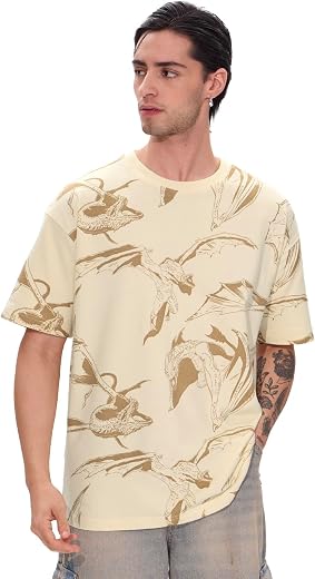 The Souled Store Official House of Dragon: Triple Dragon Men and Boys Short Sleeves Round Neck Yellow All Over Printed Cot...