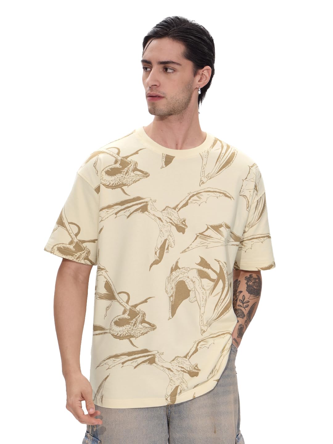 Official House of Dragon: Triple Dragon Men and Boys Short Sleeves Round Neck Yellow All Over Printed Cotton Oversized T-Shirts-image-11