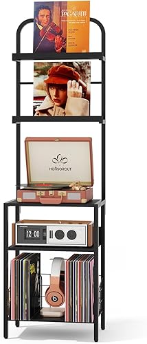 Miniatura 1 de Soporte para tocadiscos con almacenamiento de vinilo, mesa giratoria de 5 niveles con patas ajustables, gabinete de metal y madera, estante