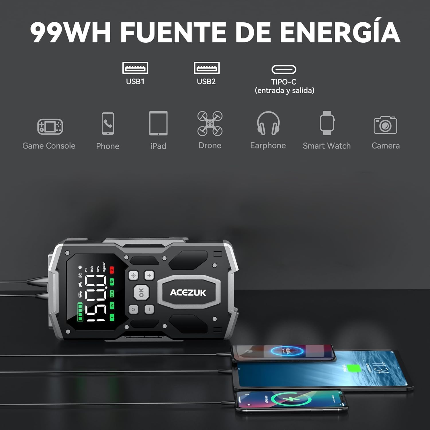 ACEZUK Arrancador de Batería de Coche 8000A, Compresor de Aire 150PSI, Arrancador de Coches para Vehículo(Toda Gasolina o 10L Diésel), 12V Jump Starter con 400-Lumen LED