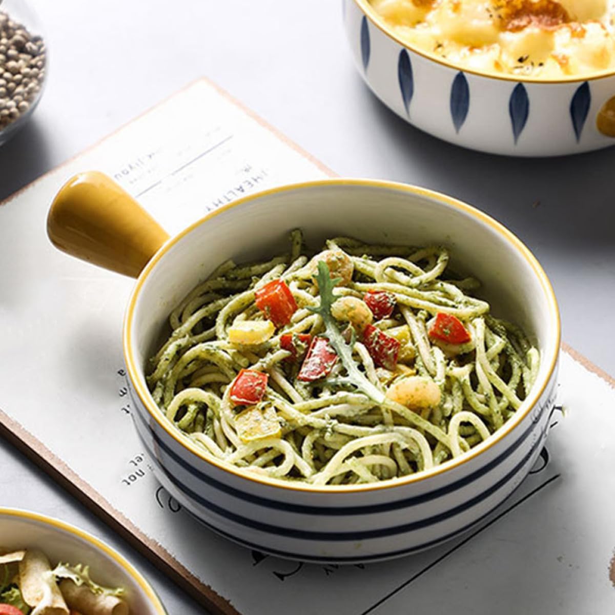 TOYANDONA Tazón de Cerámica para Ensaladas y Sopas Asas, Adecuado para Cocina y Restaurante, Diseño Artesanal y Fácil Limpieza para Uso Doméstico
