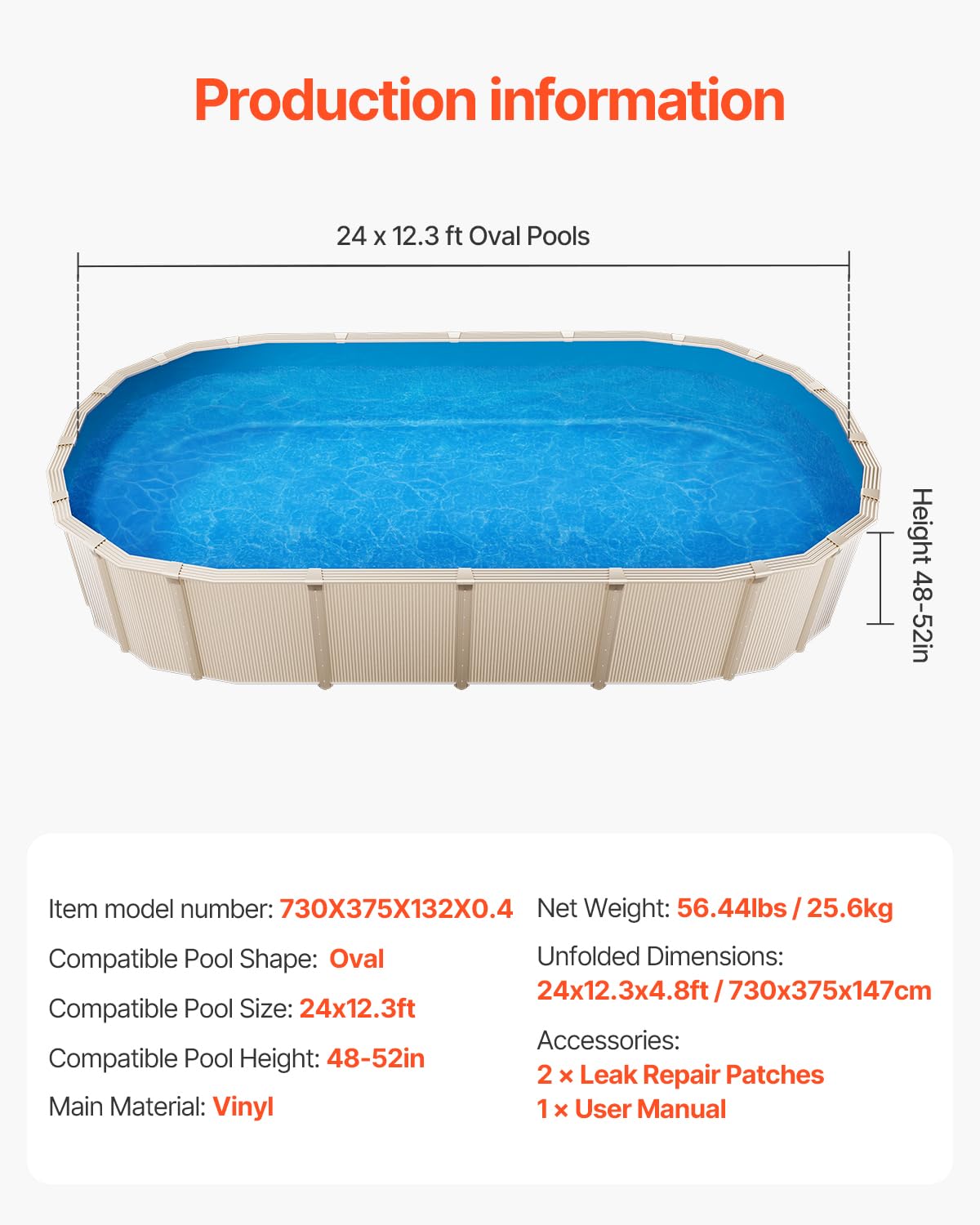 VEVOR Ovale Poolfolie, 730x375x147 cm, Innenfolie, Ersatzfolie, Innenhülle, Schwimmbadfolie Folie aus Vinyl in Standardstärke, verschleißfest, für Aufstellpools mit 132 cm hohen Wänden, einfarbig
