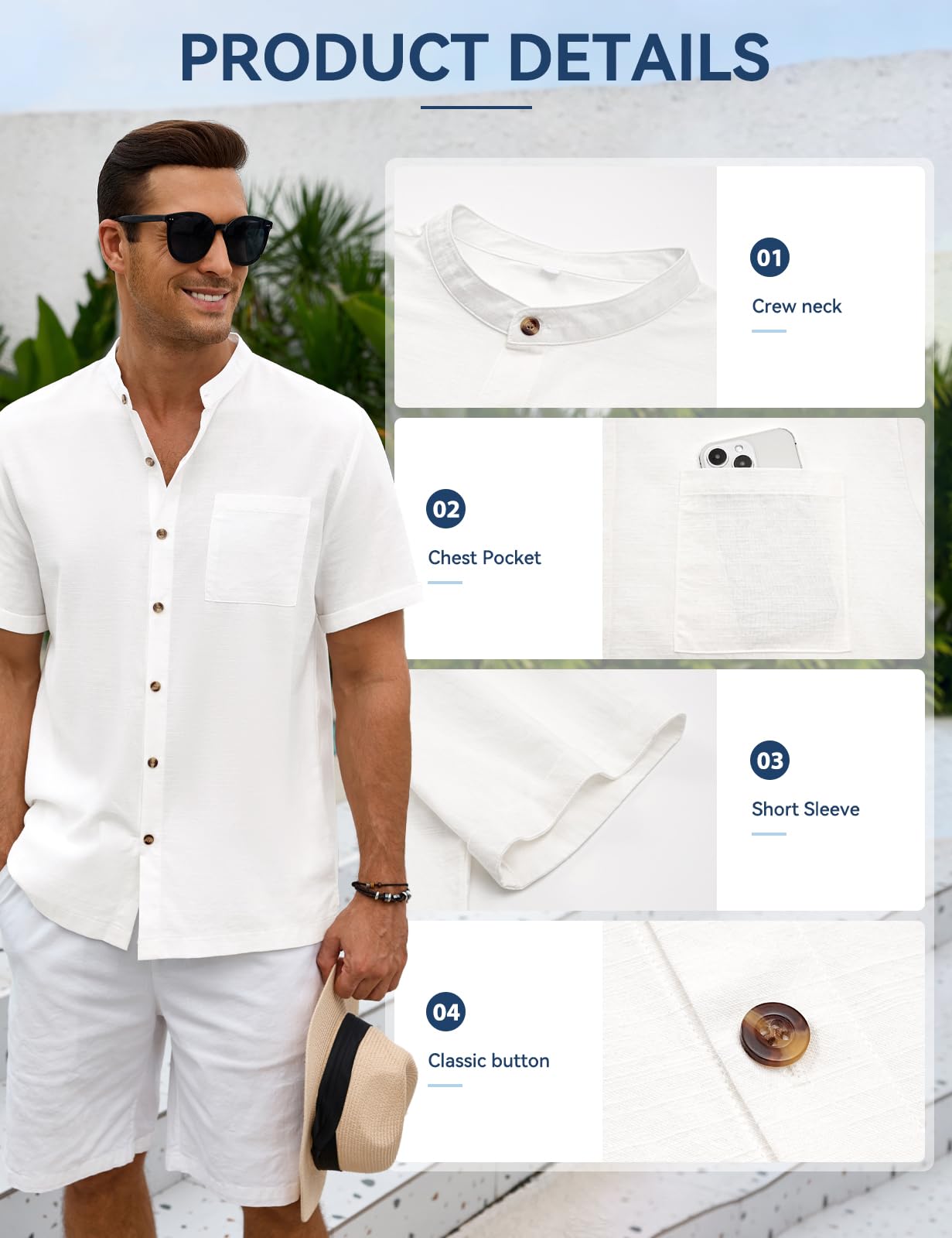 Lonya Camicia Uomo in Cotone e Lino Manica Corta con Bottoni Casual Estiva Regular Fit Henley Shirt in Tinta Unita con Taschino Estiva Beach Spiaggia