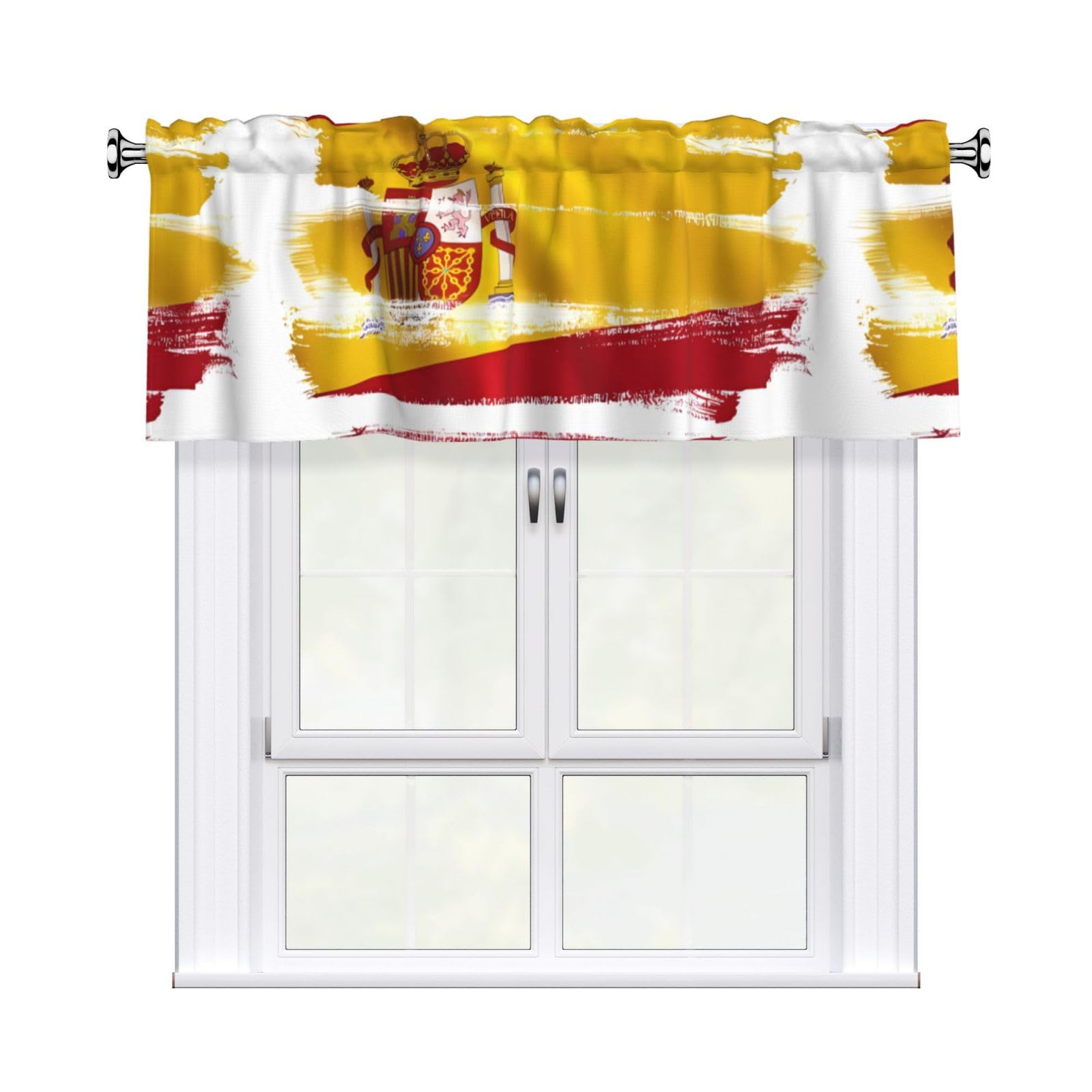 WHJSHOP Spain Flag Prints Curtain Valance 54x18in - Peach Skin Kitchen Window Layer, Filtered Light & Quick-Install Rod Pocket Cover