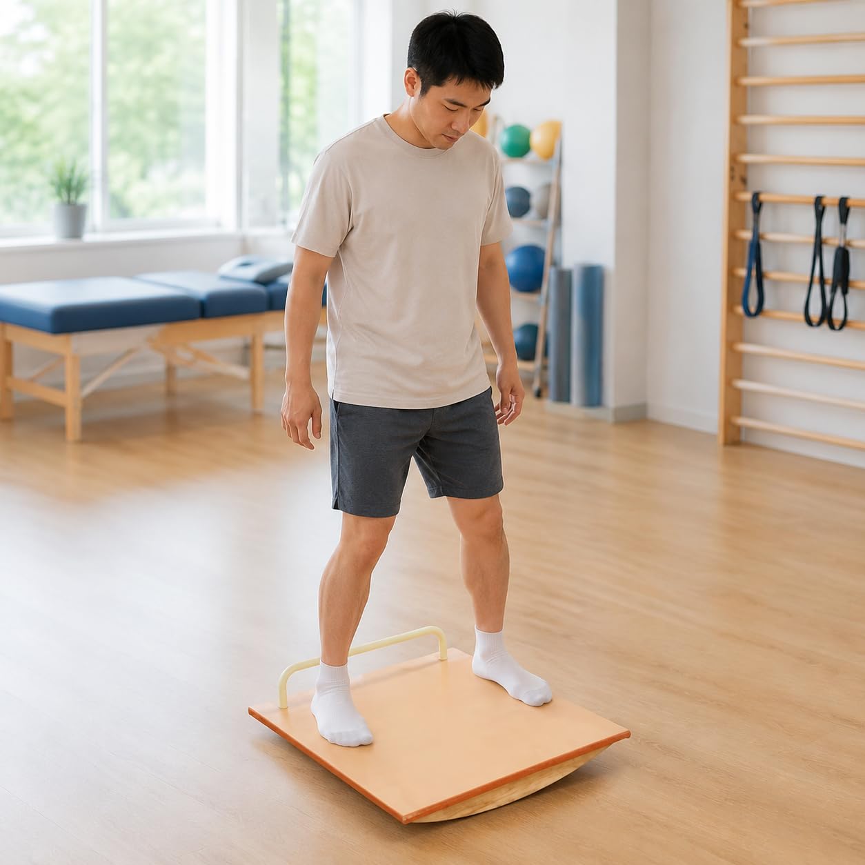 Tabla de equilibrio de roble, balance board de madera para rehabilitación, 92 x 72 x 24 cm, soporta 135 kg