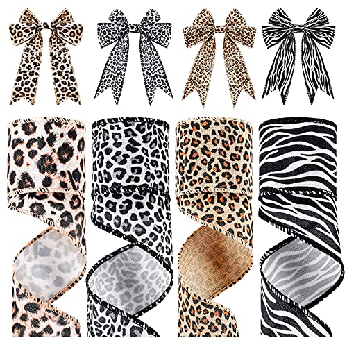 Waydress 4 Rolls 20 Yards Leopard Print Ribbon Jungle Animal Zebra Cheetah Safari Ribbon Polyester Wired Edge Ornaments Decorative Wrapping for Home DIY Craft Wreath Bow Gift Wrap Party Decor, 2 Inch
