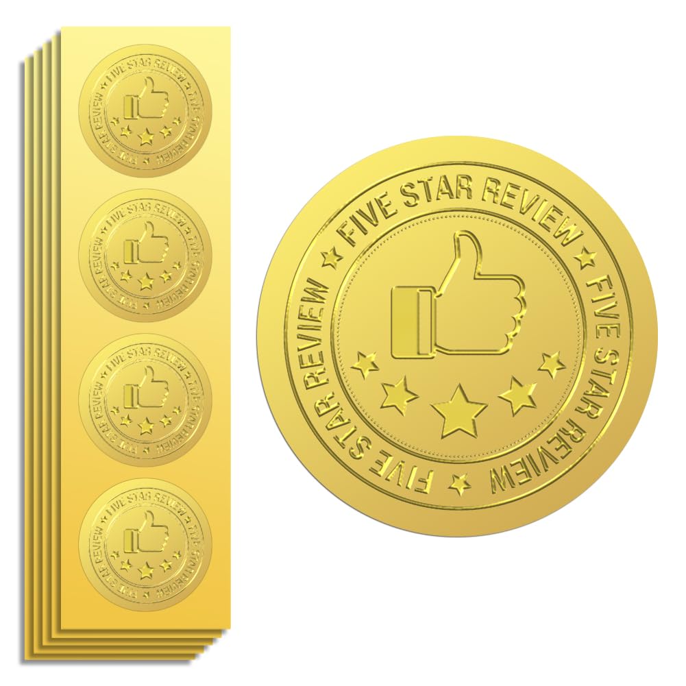 Peacoblue 100Pcs Gold Foil Stickers Seals Official Embossed 2 Inch Five Star, Self Adhesive Gold Around Medal Embossing Sticker for Certificate Paper, Student Reward, Award, Envelope Seal