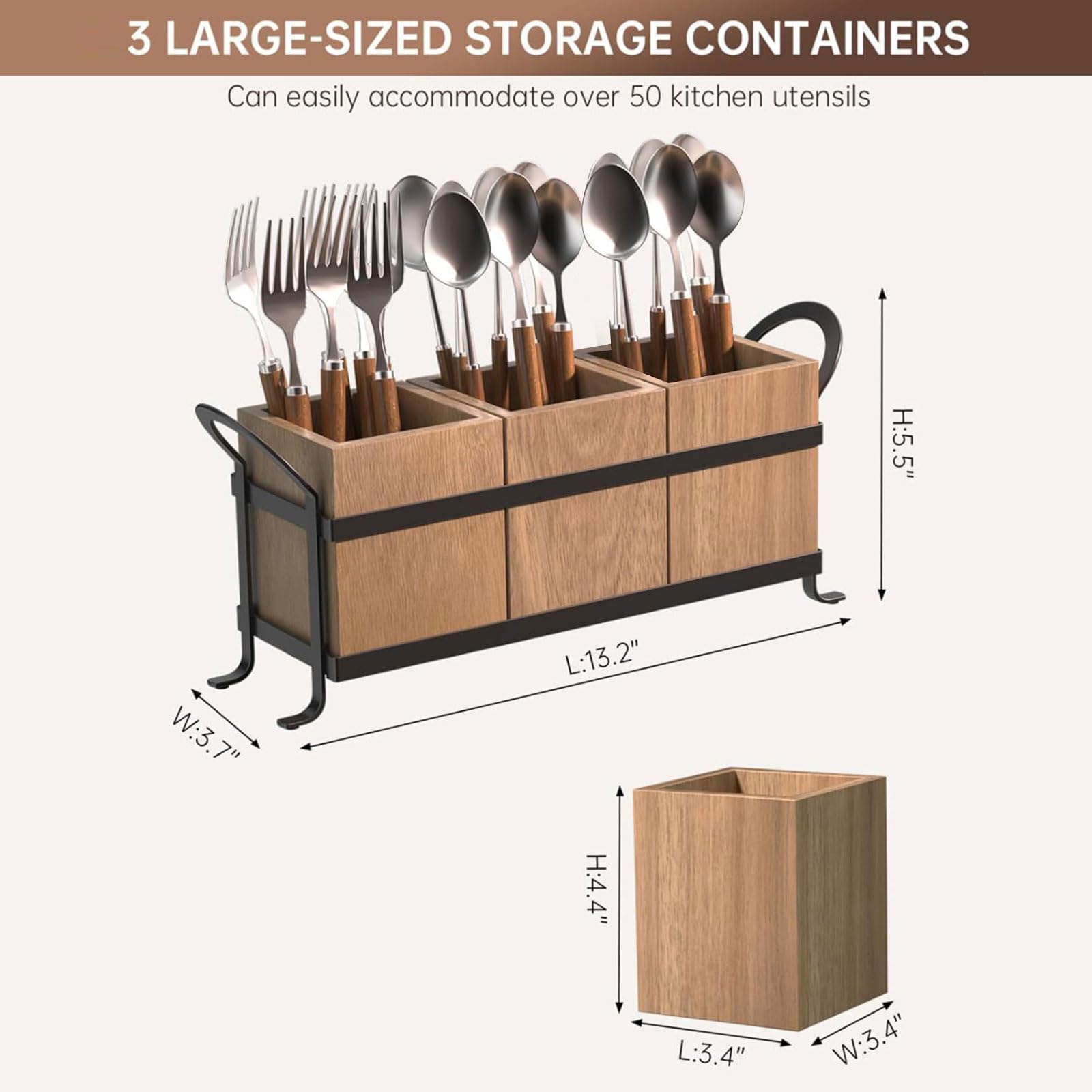 Farmhouse inspirierter Besteckbehälter aus Holz, dreifach platziert, hält Kochutensilien organisiert und zugänglich, stilvoller Küchenwerkzeugplaner