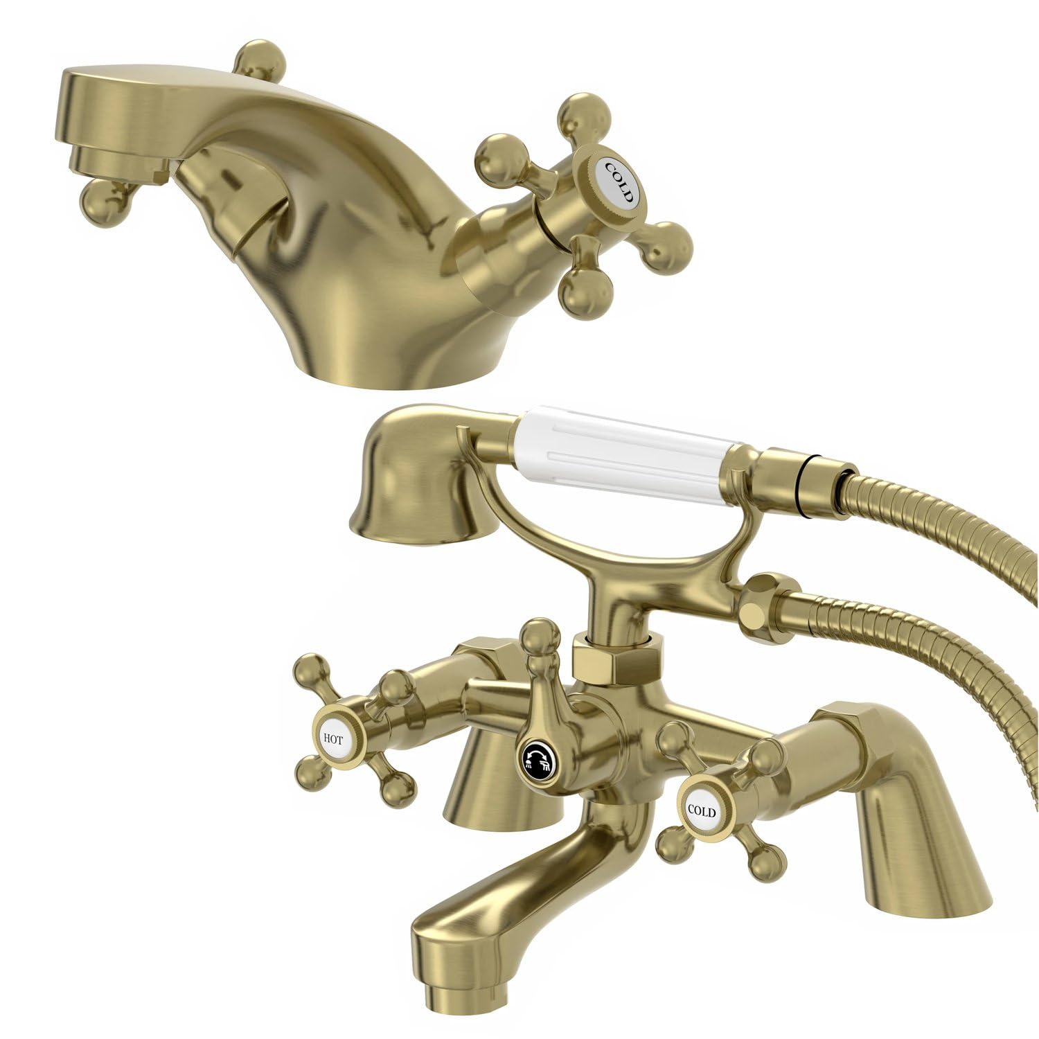 Park Lane® Oxford Bathroom Bath Shower Mixer Basin Mixer Tap Set Pair Round Crosshead Handle Traditional, Brushed Brass