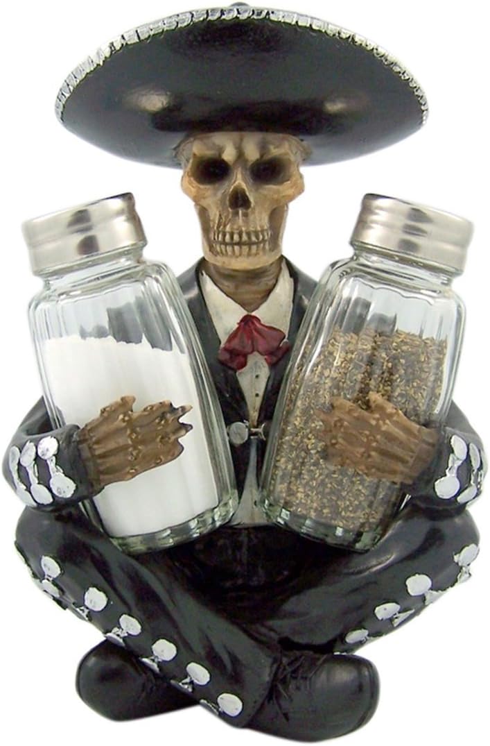 DWK Gothic Skeleton Mariachi Spice Holder with Refillable Salt and Pepper Shakers | Kitchen Table Mexican Fiesta Decorations | Taco Party Decor - 7"