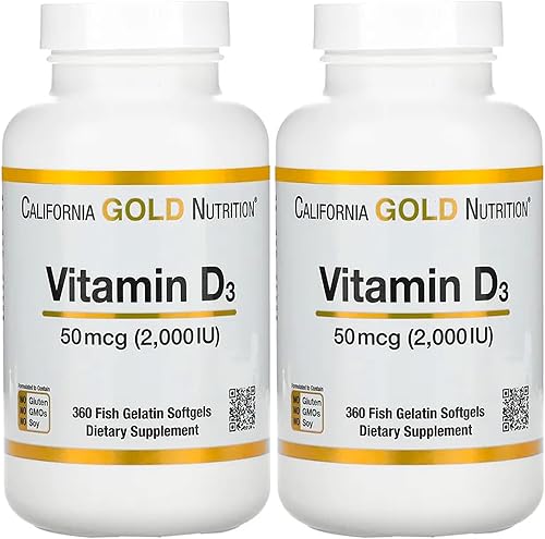 California Gold Nutrition Vitamina D3, 50 mcg (2,000 UI), 360 cápsulas blandas de gelatina de pescado, paquete de 2 California Gold Nutrition