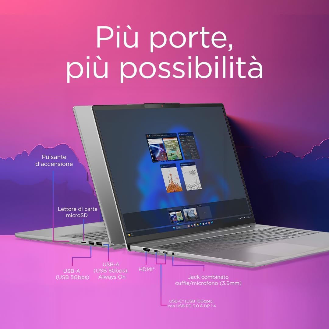 Lenovo, Ideapad Slim 5i, Intel Ultra9 185H,16Core, Ram DDR5 32Gb, Display WUXGA 16" IPS FHD+, SSD Pci Nvme 512Gb, Wi-Fi 6, Bt, USB Thunderbolt, WebCam FHD, Tastiera retroilluminata, Pronto all'Uso