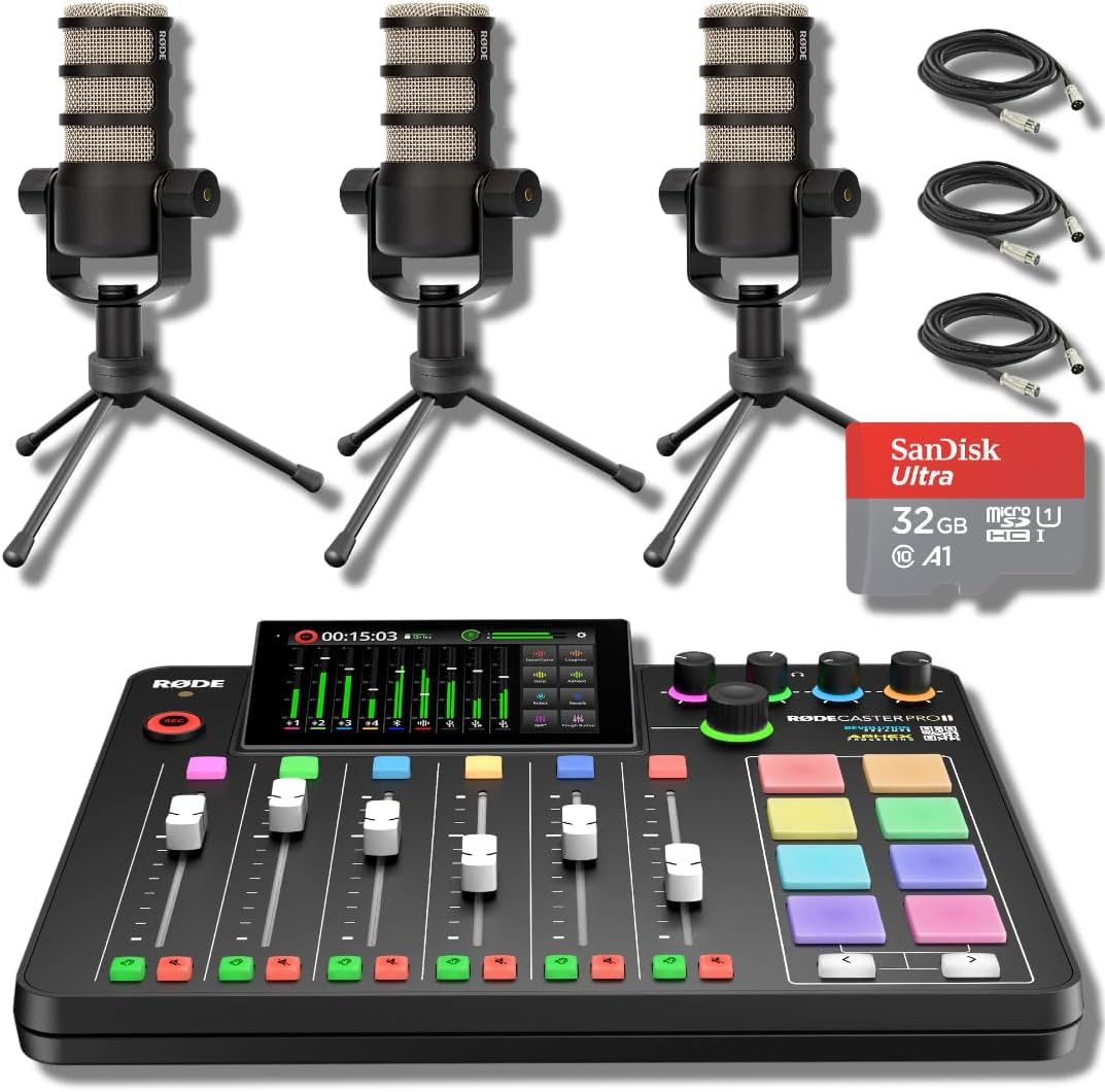 Rode RODECaster Pro 2 with Rode PodMic Dynamic Podcasting Microphone, Desktop Microphone Stand, 32GB microSD Card, XLR Cable and StreamEye Cloth (Three-Person Bundle)