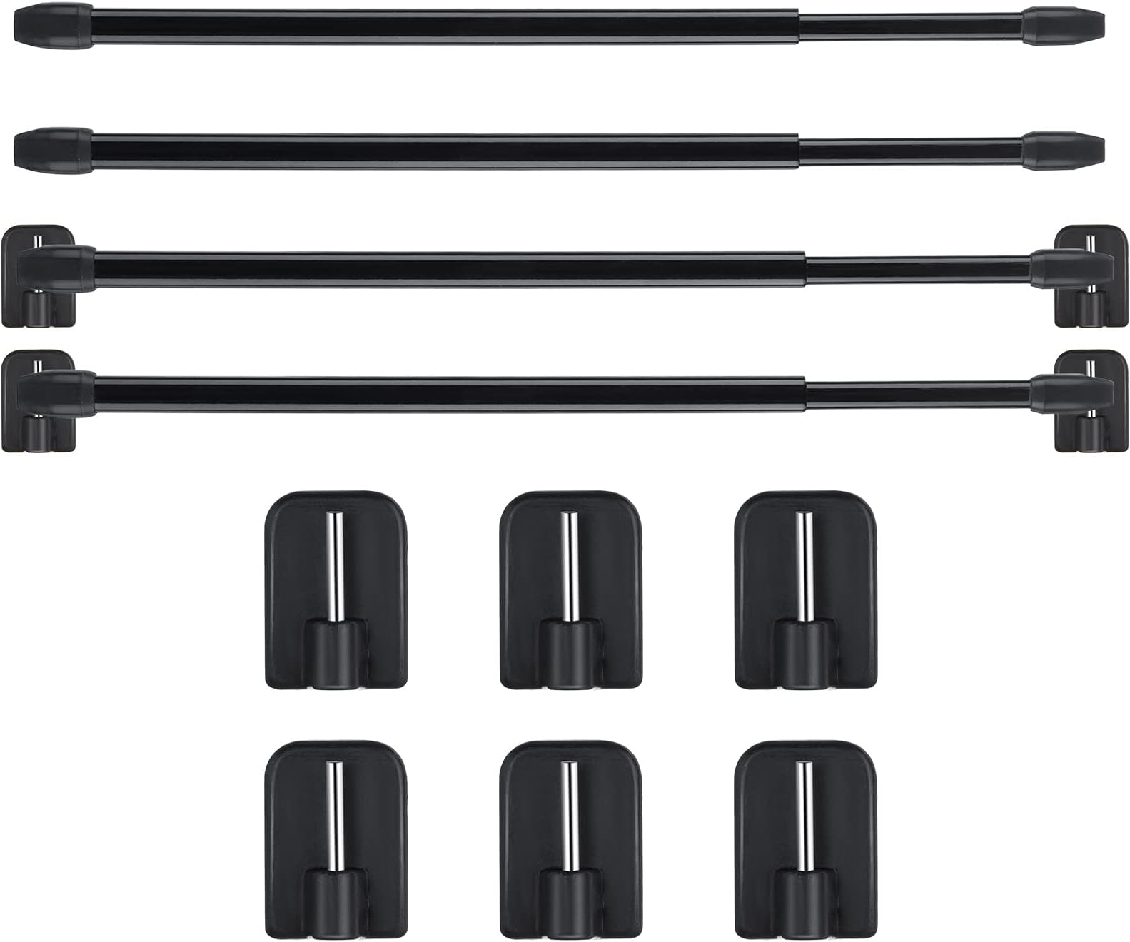 Jetec 4 Pieces Extendable Curtain Rod Cupboard Bars Tensions Adjustable Plastic Curtain Rod with 10 Pieces Self Adhesive Hooks for Home Bathroom Hotel Supply(15.7 to 27.5 Inch,Black)