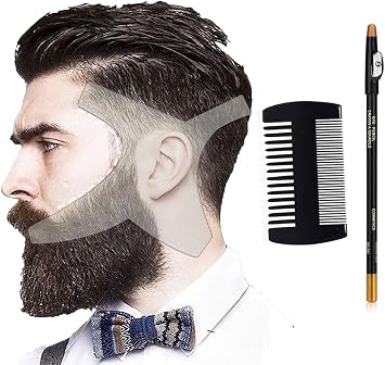 Beard Shaping Tool Template Men -White 100% Clear - Premium & Friendly Gift Package -Barber Pencil - Wooden Comb - Best Facial Hair Shaper Instrument - Great All Kind Beards & Shape Style