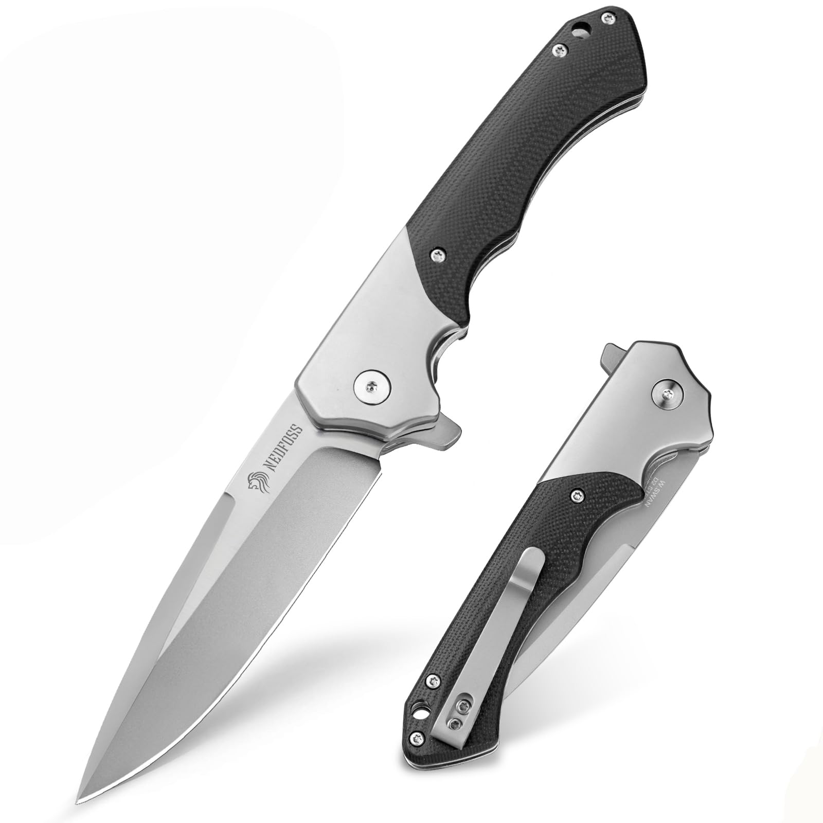 NedFoss W.SWAN Pocket Knife, Sharp D2 Steel Folding Knife with Clip, G10 Handle, Safety Liner Lock, Large Pocket Knives for Hiking, Outdoor, Mens Gift
