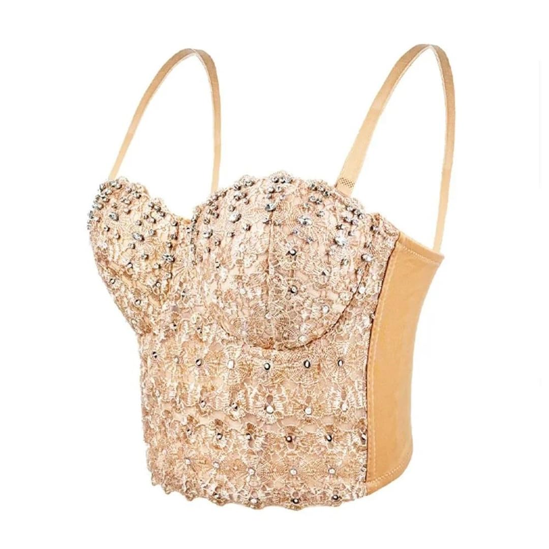 Yeuyyben Corsetto da donna canotta con strass senza maniche slim fit club party palcoscenico performance crop top