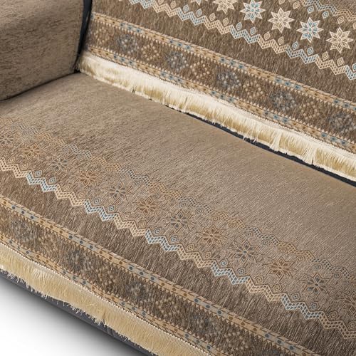 Image of Elegant Woven Brown Sofa Cover - Soft Chenille Traditional Pattern with Lace Style | L-Shape Sectional Seat Protector for Living Room | Durable & Stylish Slipcover 3+2 Seater Sofa Cover