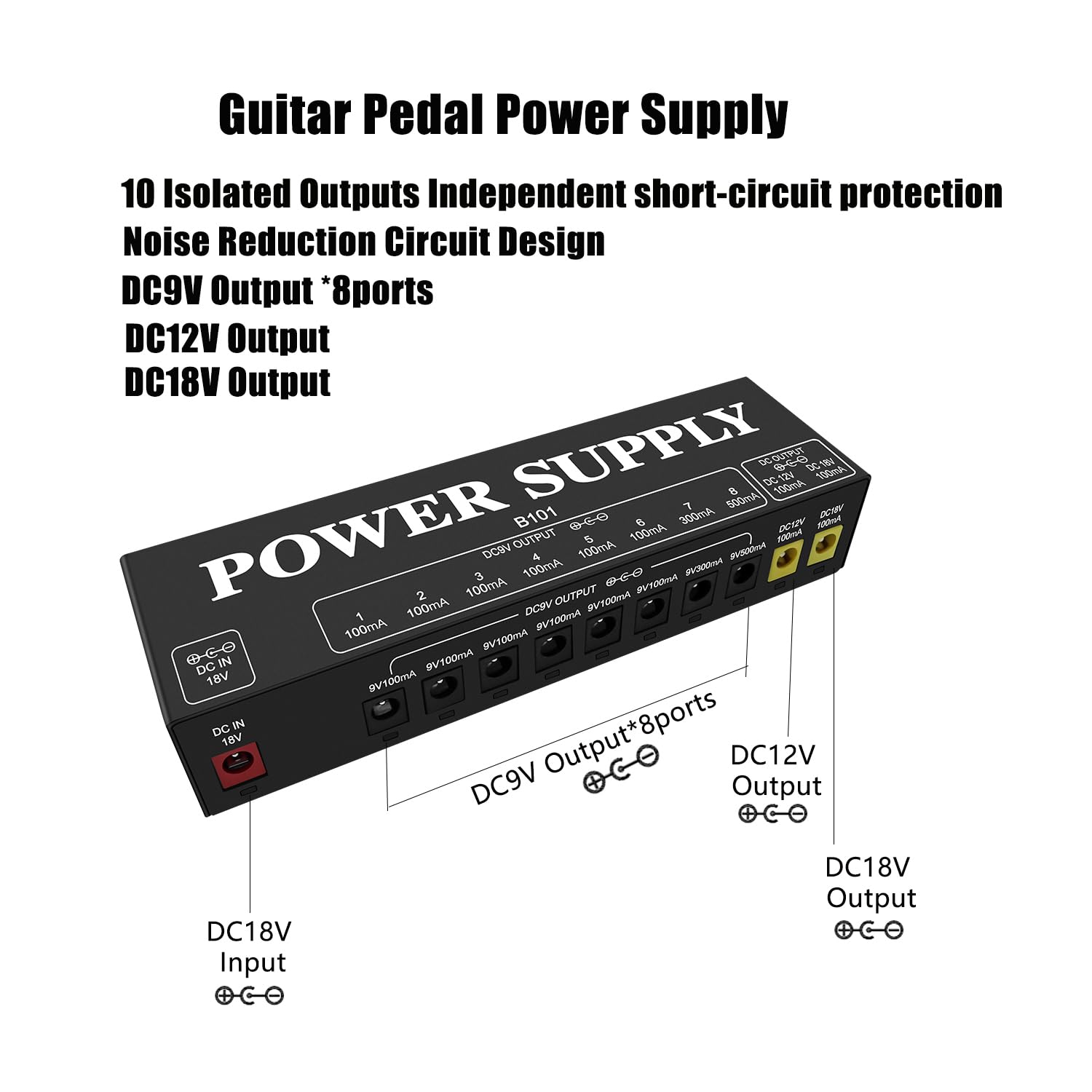 BAIRUTONG B101 Guitar Pedal Power Supply, 10 Isolated Outputs, 9V/12V/18V