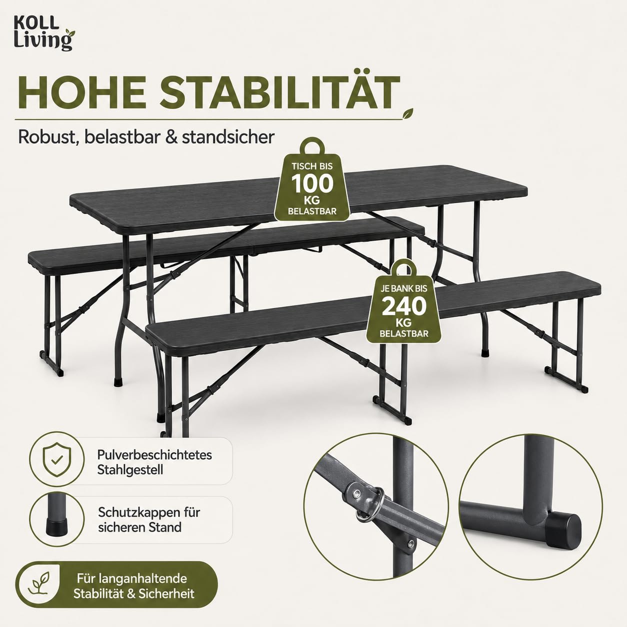 Koll Living Bierzeltgarnitur Nomad – 3-teiliges Bierbank Set klappbar | Biertisch, 2X Bank | aus Kunststoff | UV- und witterungesbeständig