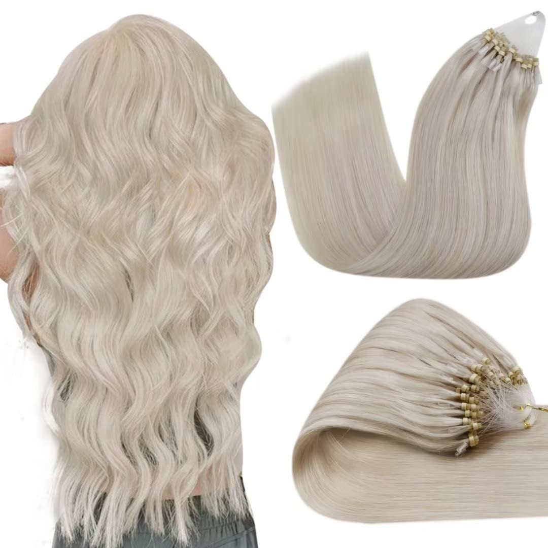 Hetto Micro Hair Extensions Blonde Human Hair Micro Loop Extensions Platinum Blonde Micro Ring Human Hair Extensions Natural Thick Ends 18 Inch 50g