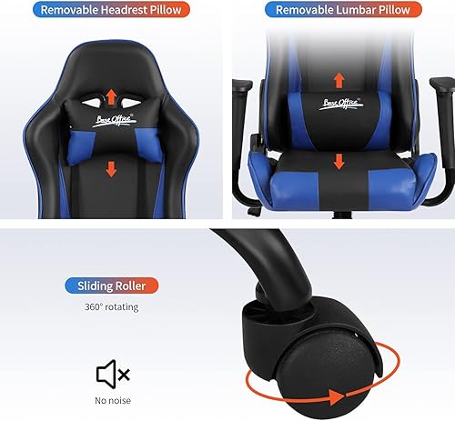 Miniatura 48 de Silla ergonómica para videojuegos, silla de juegos de piel sintética con reposacabezas, silla de carreras para computadora con soporte lumbar, silla