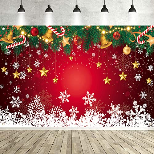 Red Christmas Banner, Large Fabric Snowflake Backdrop for Party Decorations 72.8 x 43.3 Inch, Red White, 6x3.6 ft / 185x110cm
