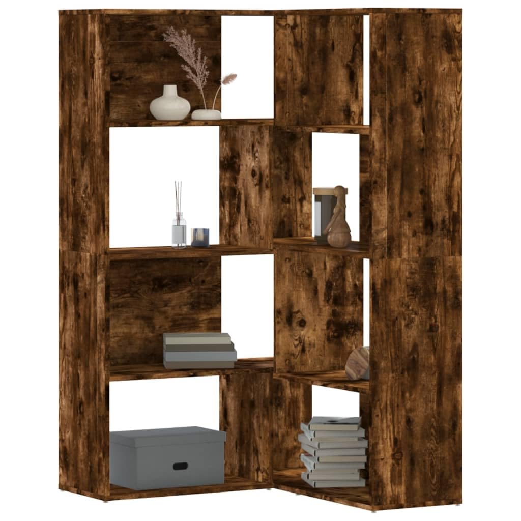 Scaffale angolare a 4 livelli, in legno di rovere fumé, 85 x 85 x 140 cm