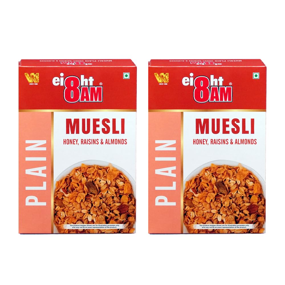 8AM Muesli Honey, Raisins & Almonds, 425 gm(Pack of 2), Sweetened with Natural Honey, Contain Seeds, Dry Fruits, Nuts, Multigrain Breakfast Cereal, Protein & Fiber Rich, Nutritious and Healthy Snacks