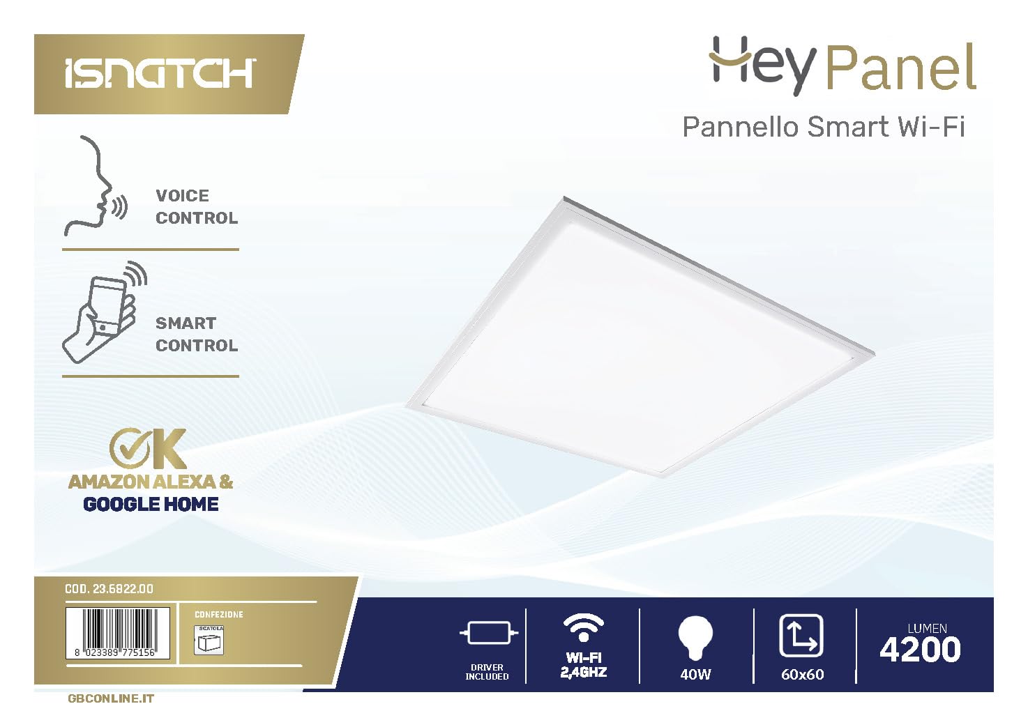 GBC HeyPanel Pannello LED Smart WiFi 60x60cm 40W, Multicolor RGB + Bianco Dimmerabile, Compatibile con Alexa e Google Home, App HeySmart, Installazione a Incasso, 595x595mm, Design Sottile Alluminio