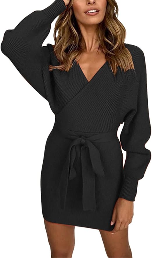 Women Sexy Dress V Neck Knitted Sweater 