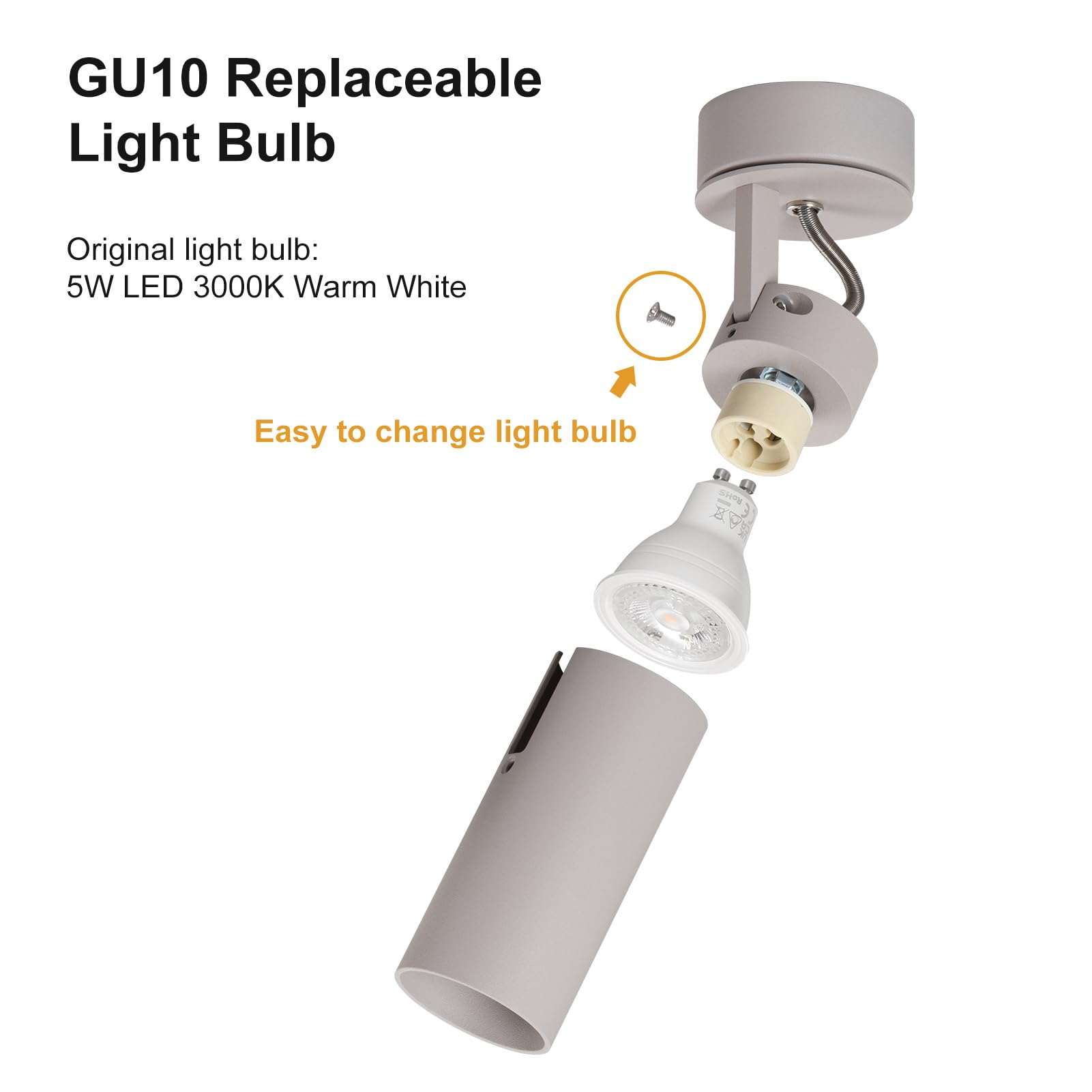 DAWALIGHT Plafoniera LED Faretti GU10 5W 3000K Bianco caldo Faretto Orientabile da Parete Luci da Soffitto per Interni Cameretta Soggiorno Camera da Letto, Grigio sabbioso, Alluminio
