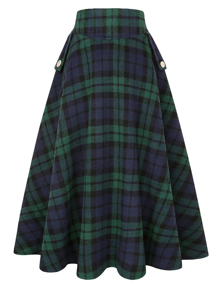 IDEALSANXUN Women’s Fall Winter High Waisted Wool Plaid A-line Long Skirt