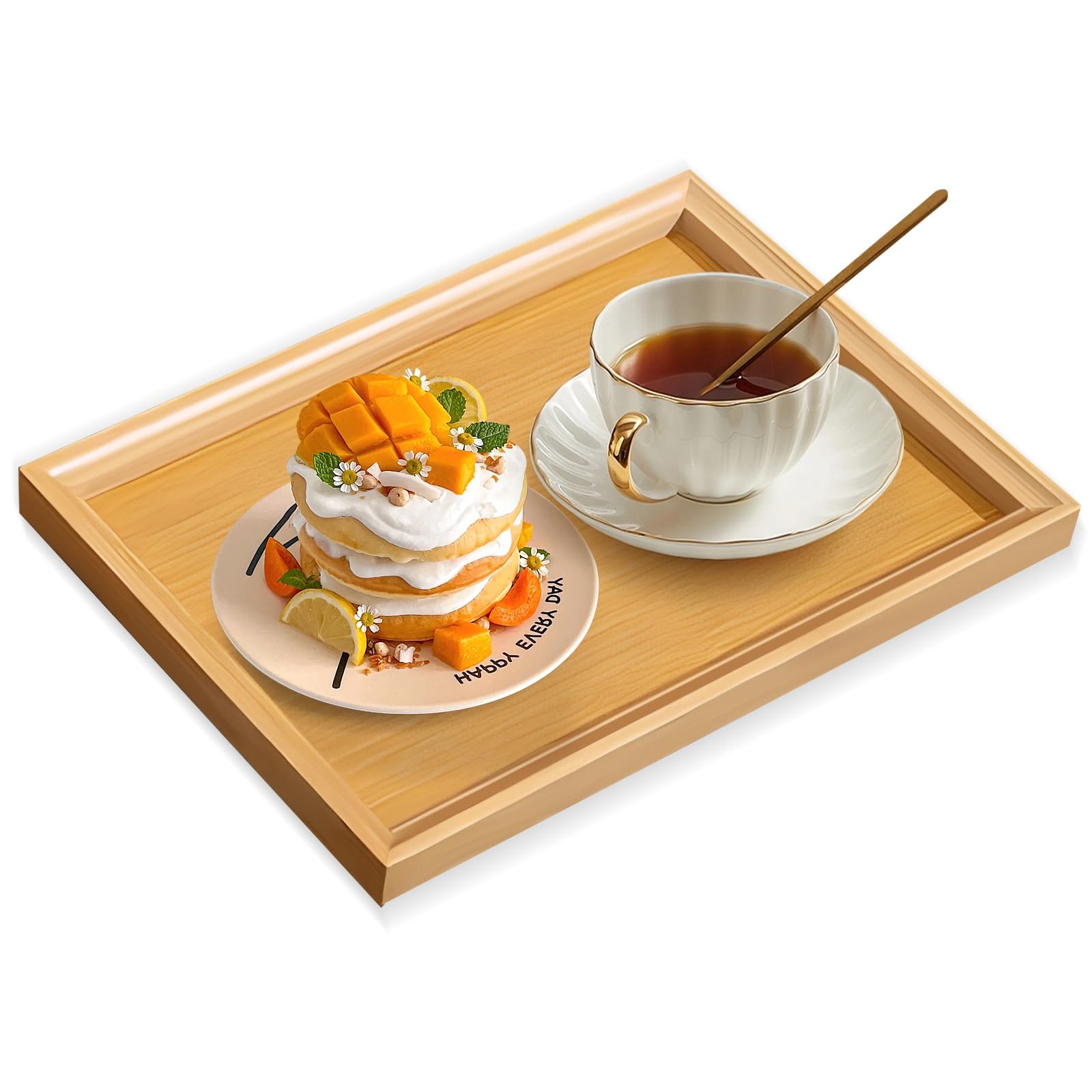 Techchii Bamboo Color Bamboo Serving Tray 33X22cm Rectangular Wooden Food Tray For Kitchen, Living Room, Eating Breakfast Dinner, Snack, Tea, Coffee, Drinks