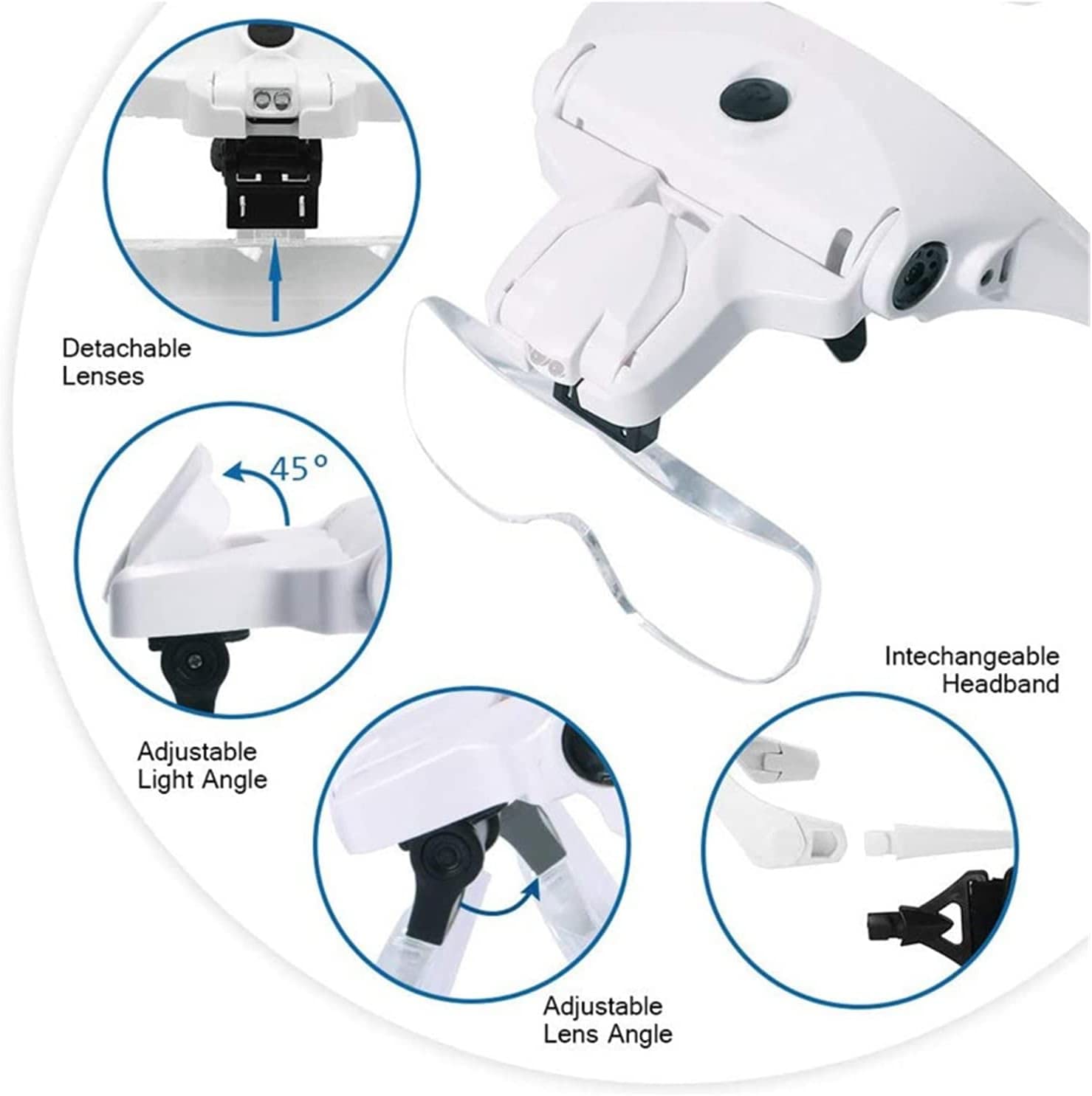 Lámpara de lupa manos libres, lupa con cabeza de cabeza de carga USB con luz LED, joyería, reloj de manualidades, 5 lentes, cuello de cisne flexible, brazo de matrimonio,
