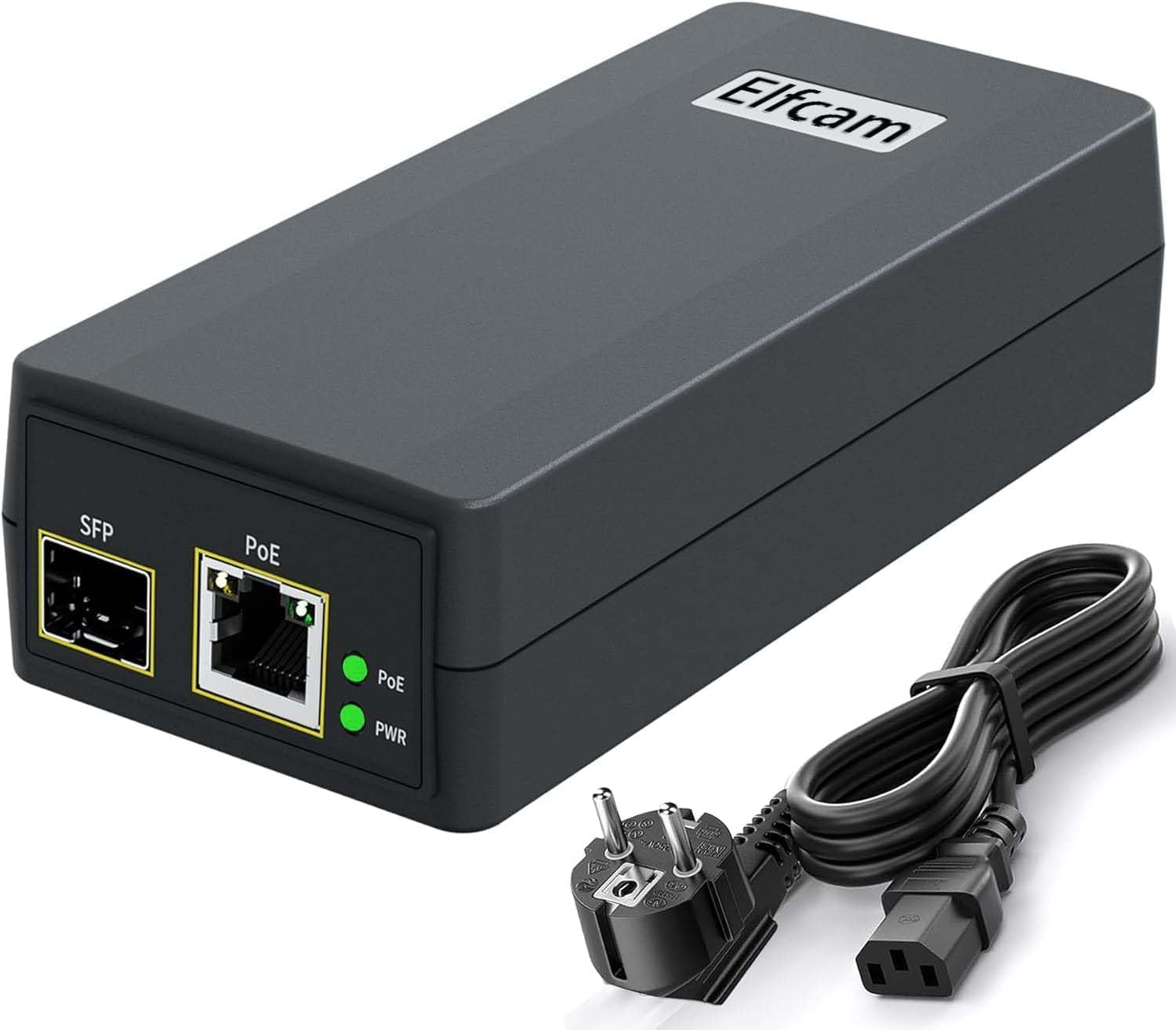 Elfcam - Injecteur PoE 30W avec Port SFP 1,25G & PoE Ethernet 1000M/100M, Fibre Monomode/Multimode, IEEE 802.3af/at, Usage Intérieur