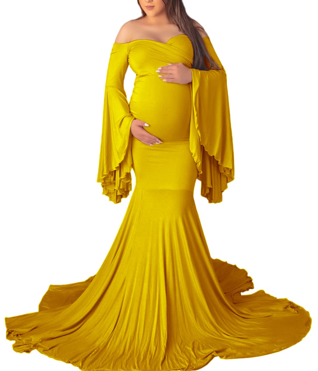 Photography Dress Off Shoulder Flared Sleeve Fitted Gown for Photo Shoot Baby Shower Big Mermaid Train