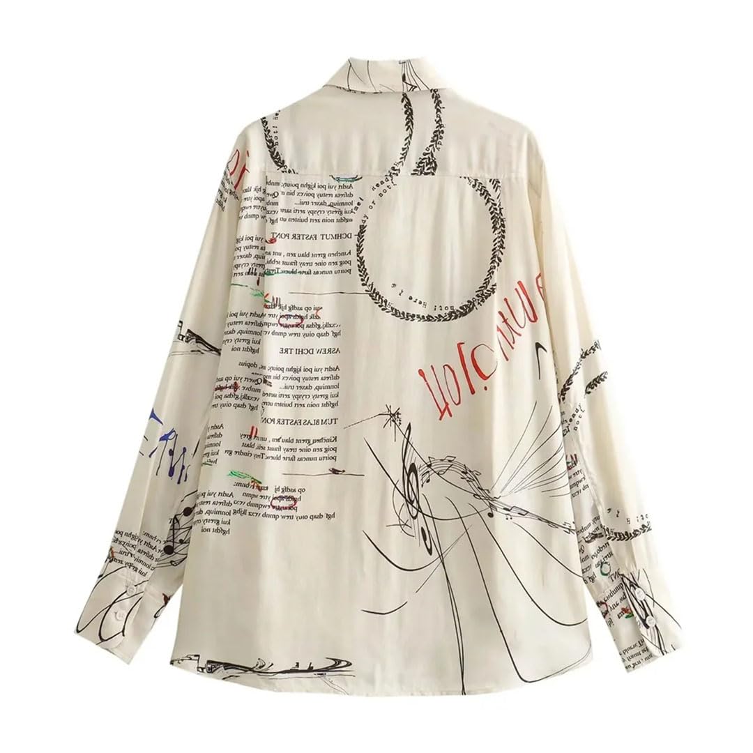 Primavera Donne Retro Loose Graffiti Stampa Polo Colletto Manica Lunga Camicia
