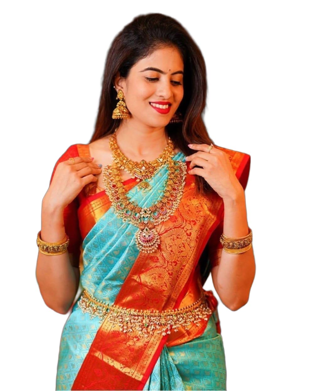 Women's Banarasi Silk Cotton Saree with Unstitched Blouse Piece, Multi-Coloured, Floral Jacquard Weave, Zari Embroidery, for Farewell and Festival (KP- 6072 - blue and orange)-picture-55
