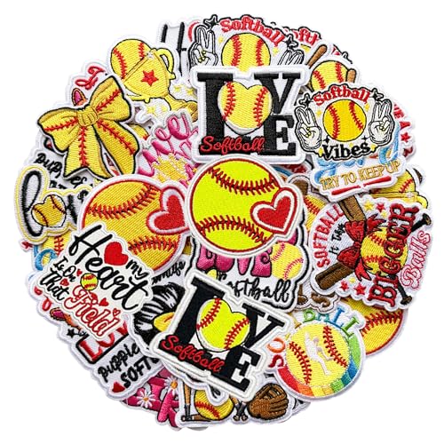Xandova 18Pcs Softball Iron on Patches Yellow Game Day Embroidered Applique Sew on Patches Softball Mom Patches for Clothes Hats Backpacks Jackets T-Shirt
