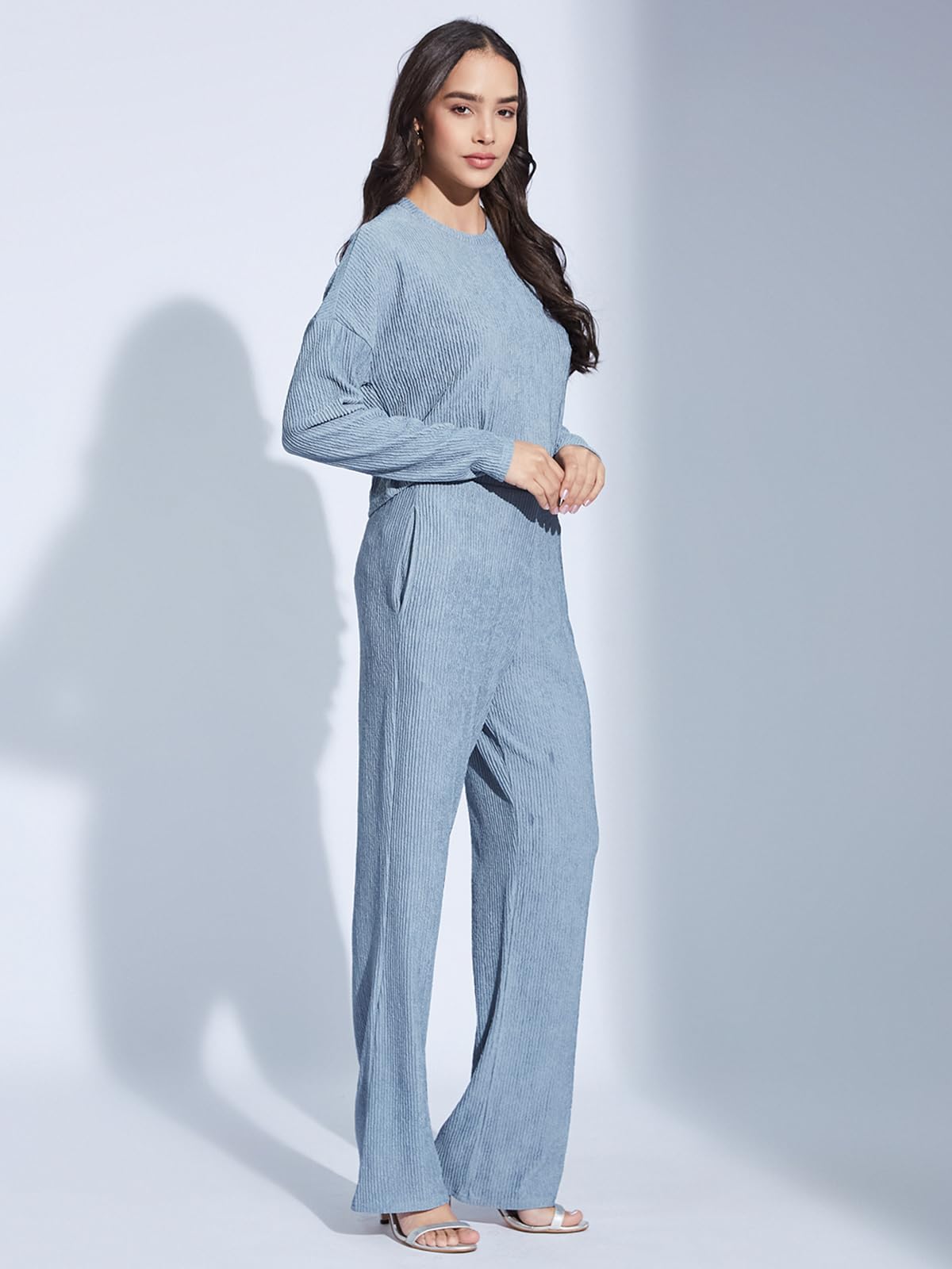 Selvia Women's Full Sleeve Textured Lycra Round Neck Top & Trouser 2 Piece Co-ords Set (759CTK11882N-L_Dusty Blue) - Image 3 thumbnail