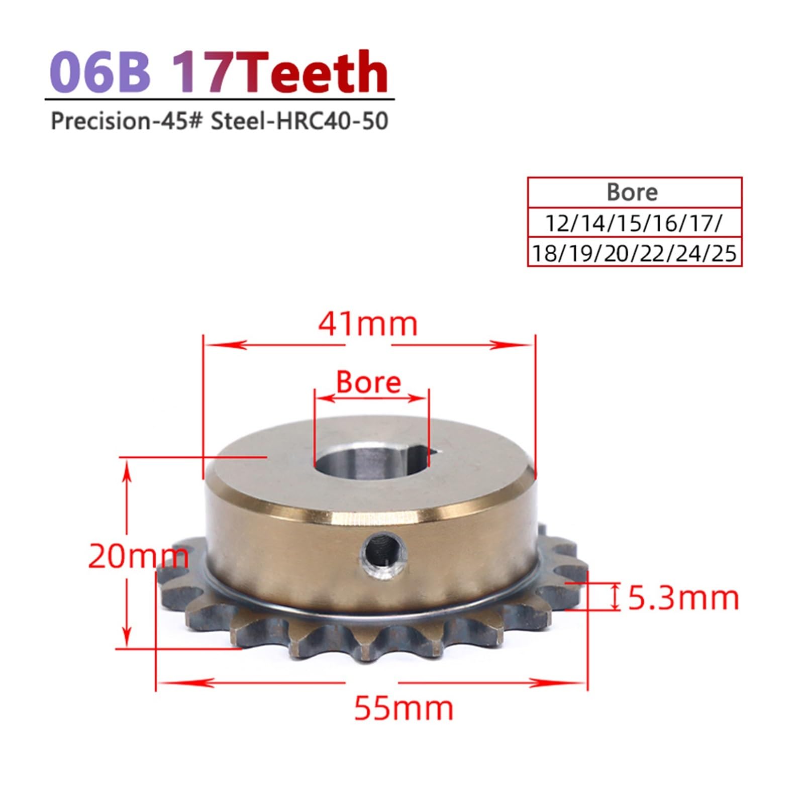 Bevel Gear Pinion Hardware Mechanical 1pcs 06B 17 Teeth Precision Industrial Drive Sprocket Wheel Steel Chain Gear Keyway Bore 12 14 15 16 17 18 19 20 22 24 25mm(17mm (Keyway 5mm))