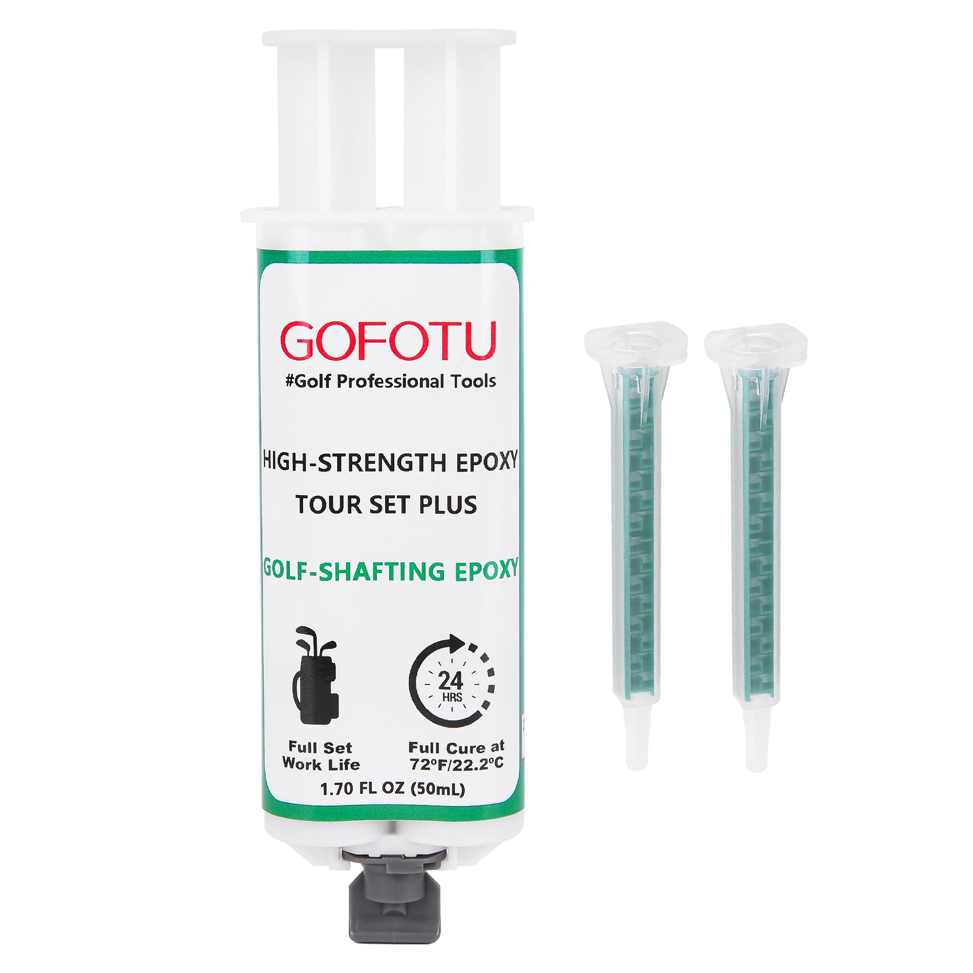 Gofotu 1.70 OZ Long Cure Golf Epoxy-Full Set Work Life-Extra Strength-Golf Epoxy for All Golf Shafts, Golf Heads, Drivers, Putters, and Irons-Free 2pcs Static Mixing Nozzle Tip (1.70 oz)