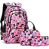 SCIONE Girls School Backpack Set,Colorful Print School Bag with Lunch Box-Large Capacity Backpack for Kids,Cute Pink Lightweight Book Bag for Teens,Middle and Elementary School Toddler Backpack