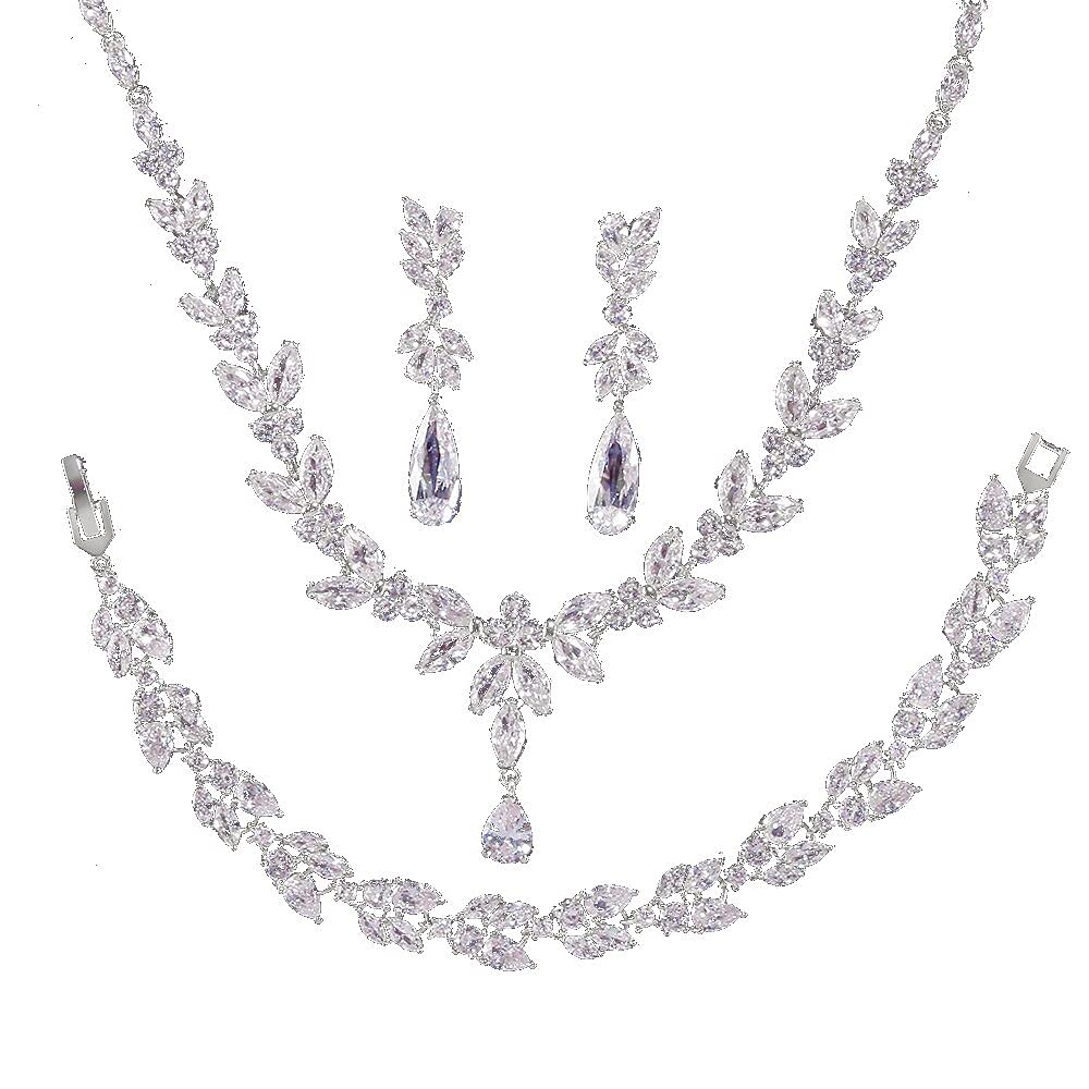 Jorsnovs Wedding Jewelry for Bride Cubic Zirconia Earrings and Necklace Bracelet 3pcs Women Costume Prom Jewelry Set
