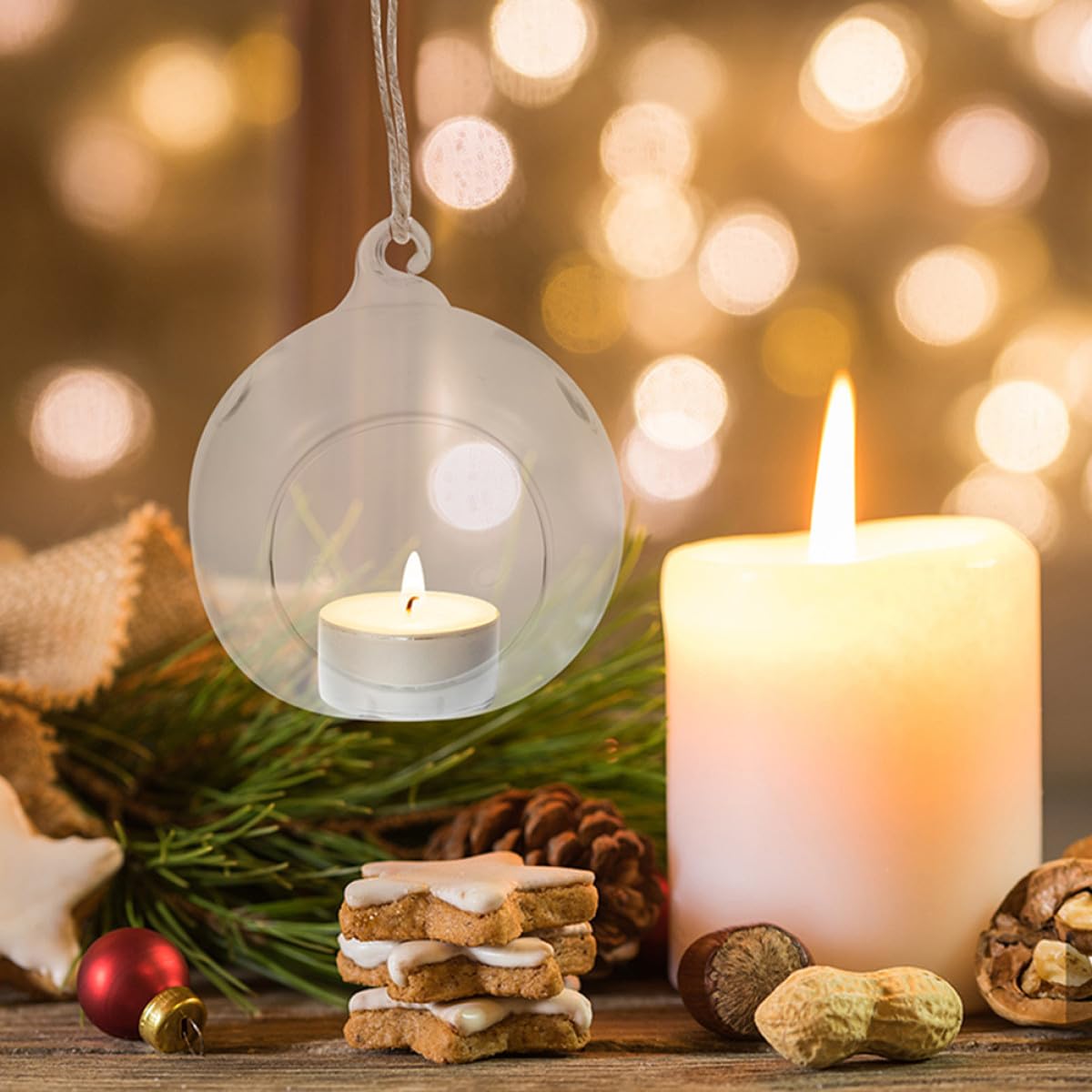 Portacandele da Tè Sospeso in Vetro a Forma di Globo Corda di Canapa, 6 Pezzi, Sicuro per Candele Tealight, Decorazione per Feste e Casa
