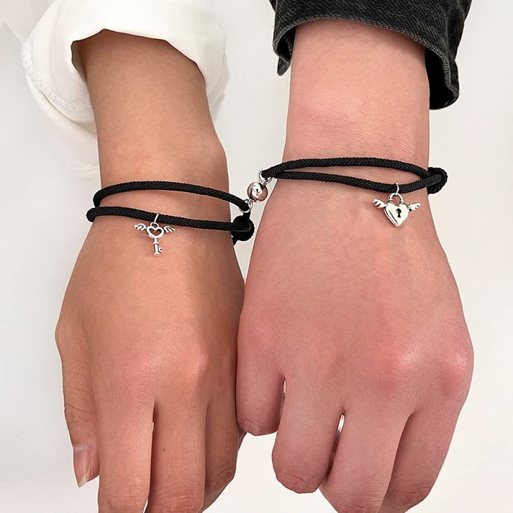 Armband, modische Dekorationsarmbänder, geflochtene Freundschaftsarmbänder, handgefertigtes Freundschaftsarmband, 2 Stück, Paare, Magnet-Charme, Herz, Schlüsselschloss, Sonne, Paracord, Modeschmuck, A
