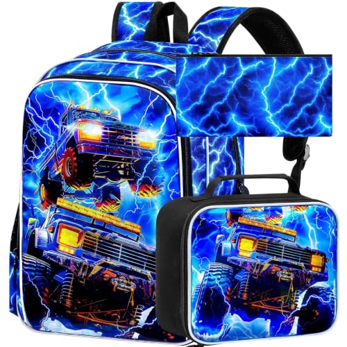 Image of 17 inch Truck Backpack, Boys Lightning Kids Bookbag with Lunch Box, 3Pcs School Backpacks for Elementary Preschool Kindergarten (Blue)