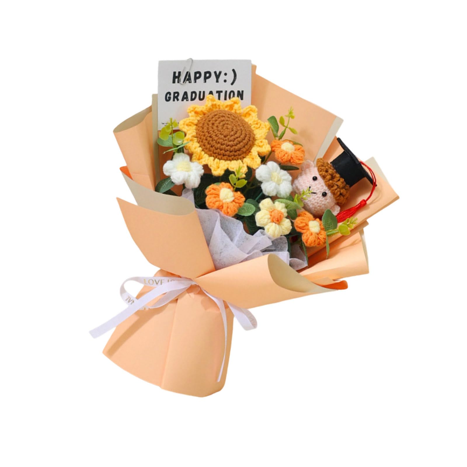 Ekoama Handmade Crochet Graduation Bouquets Pink Oranges Blue Color Knitted Flower Handmade Blossomy For Girls 25x35cm