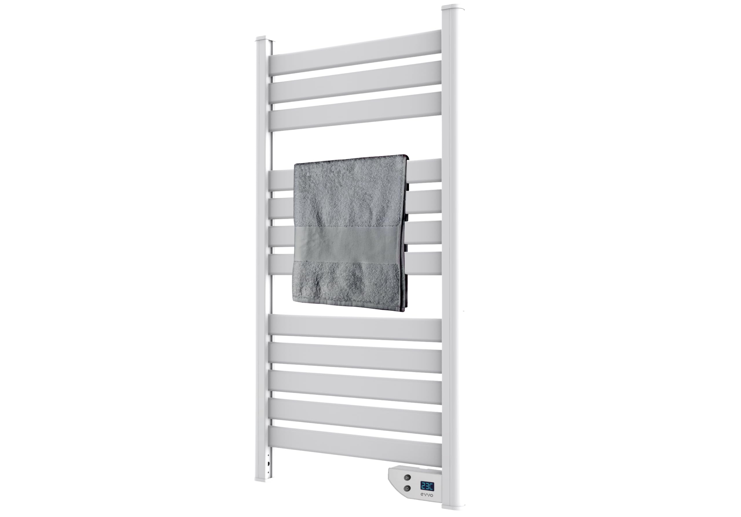 EVVO Toallero Eléctrico C500 Blanco - Radiador Electrico Bajo Consumo 450W, Tendedero Electrico para Baño, Pantalla LED, Temporizador 2h, Seguridad Sobrecalentamiento, IPX4, Incluye Kit